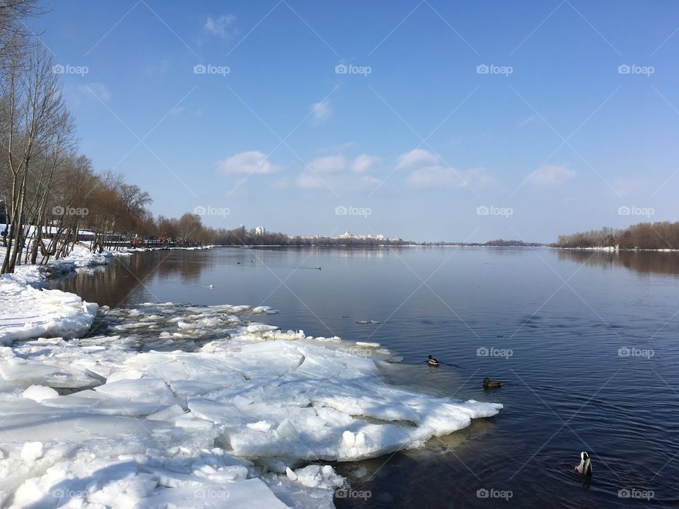 Spring river side. March 2018. Dnipro river. 