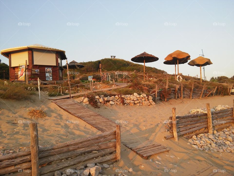 Beack kiosk. Kiosk between dunes, Gaeta, Italy.