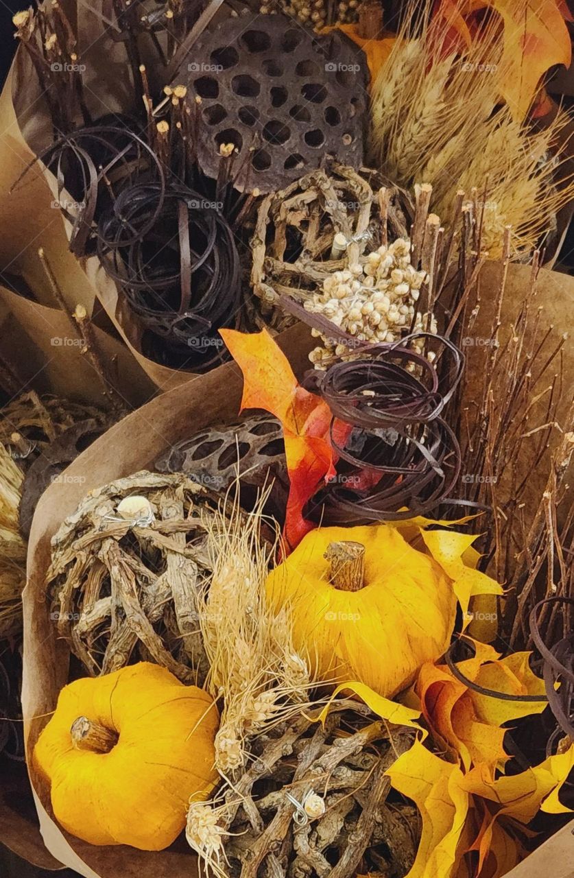 beautiful festive colorful Autumn harvest themed bouquet for sale in an Oregon store