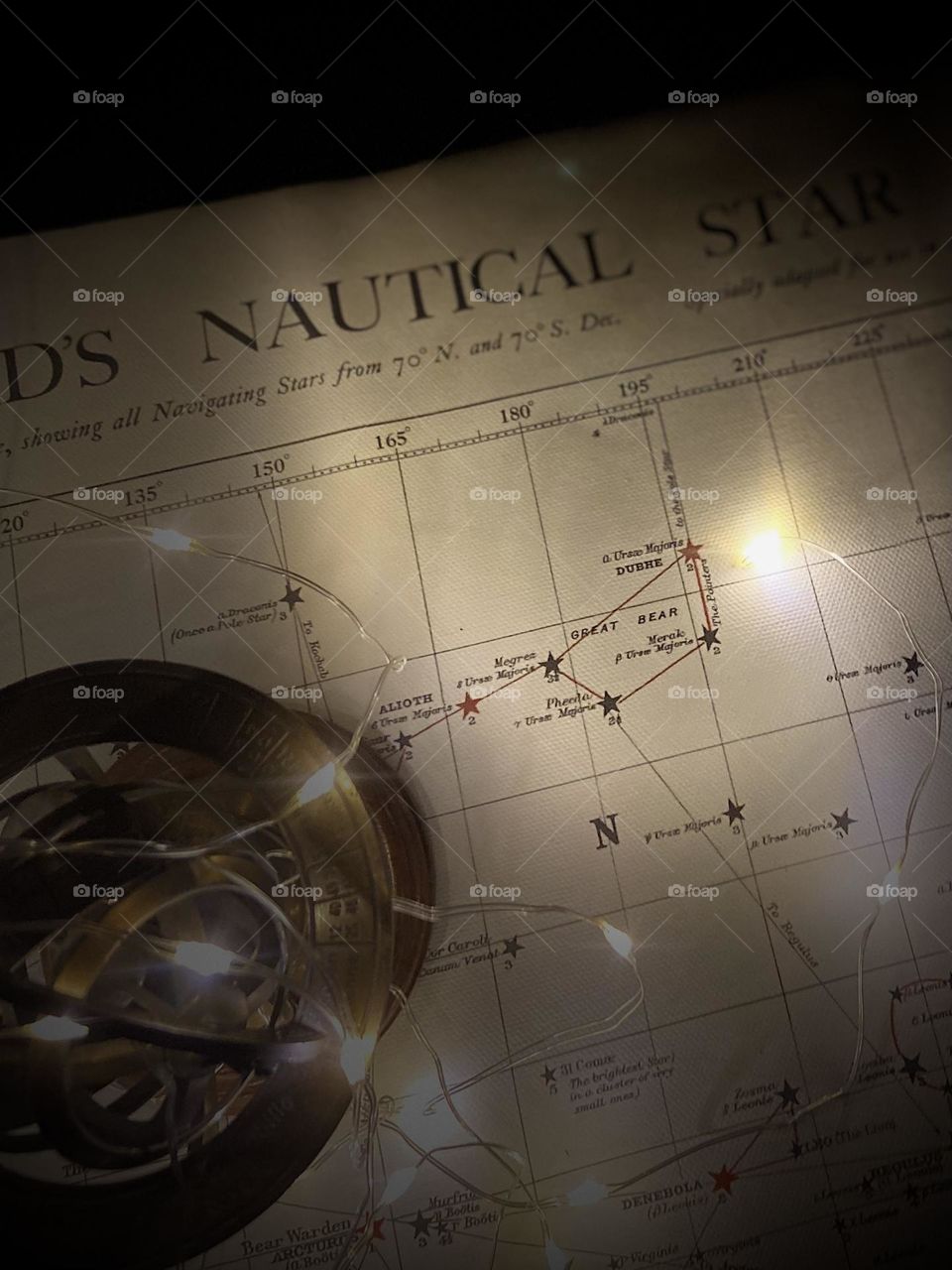 The mystery of the night sky. Twinkling lights depicting stars on a Nautical Star Chart.