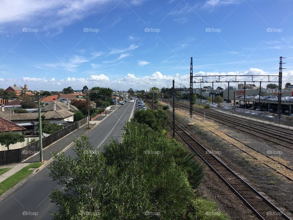 Taken from the bridge. Oakleigh bridge. Sunny day but cold. Melbourne vic. Train railway