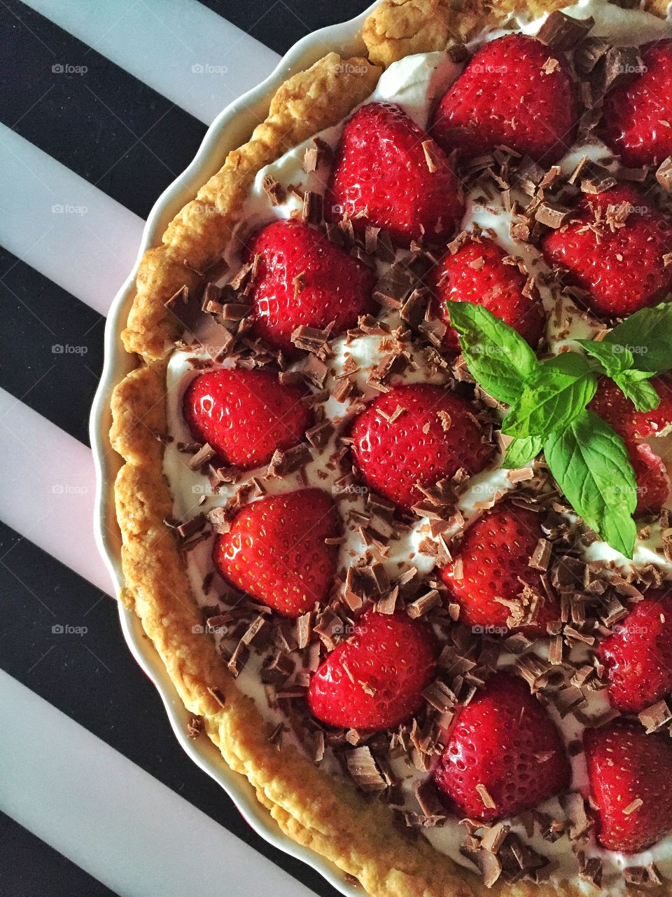 High angle view of cake with strawberries