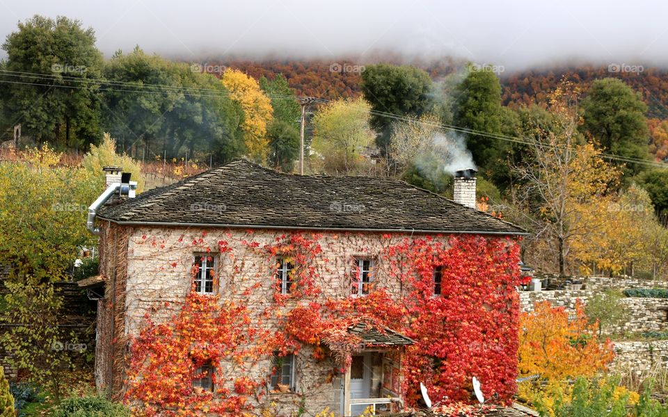 #old house #mountain #autumn #multicolors #red #fog #green #winter #village #loneliness