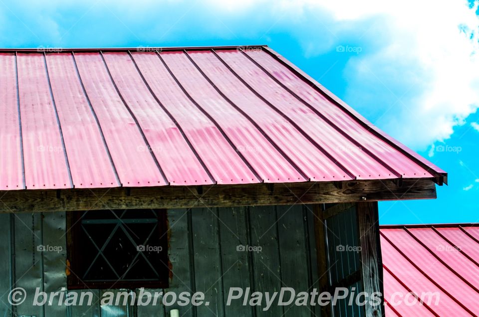 Red Tin Roof Blue Sky Old Buikding White Clouds