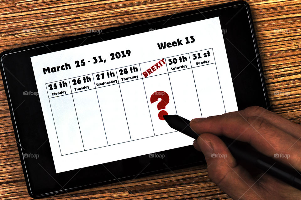 Calendar for the 13th Week of 2019 in the UK format focusing on Britain's date of exit from the European Union