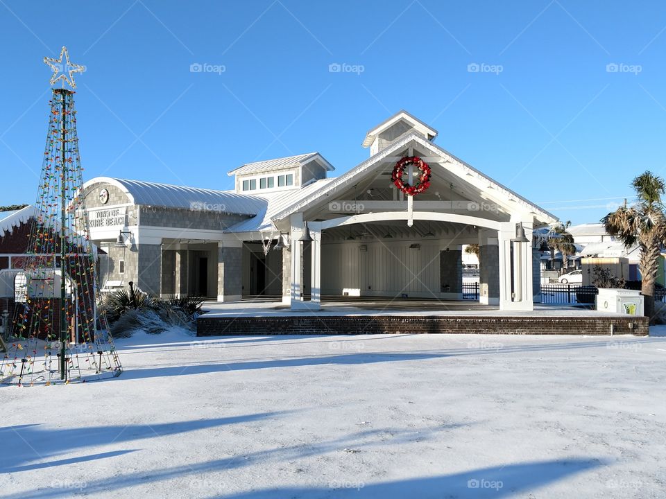 Snow-covered Ocean Front Park and Pavilion in Kure Beach, NC