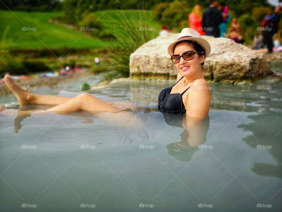 Girl cuddles at the natural spa