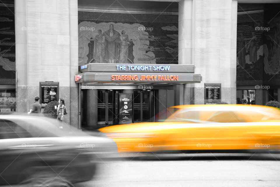 The Tonight Show. NYC view of The Tonight Show studio. starring Jimmy Fallon with cabs whizzing by 