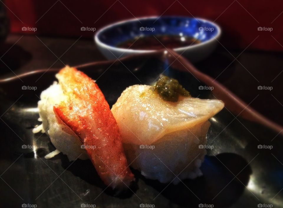Sushi. Crab and Scallop (from Sendai, Japan)! Amazing. 
