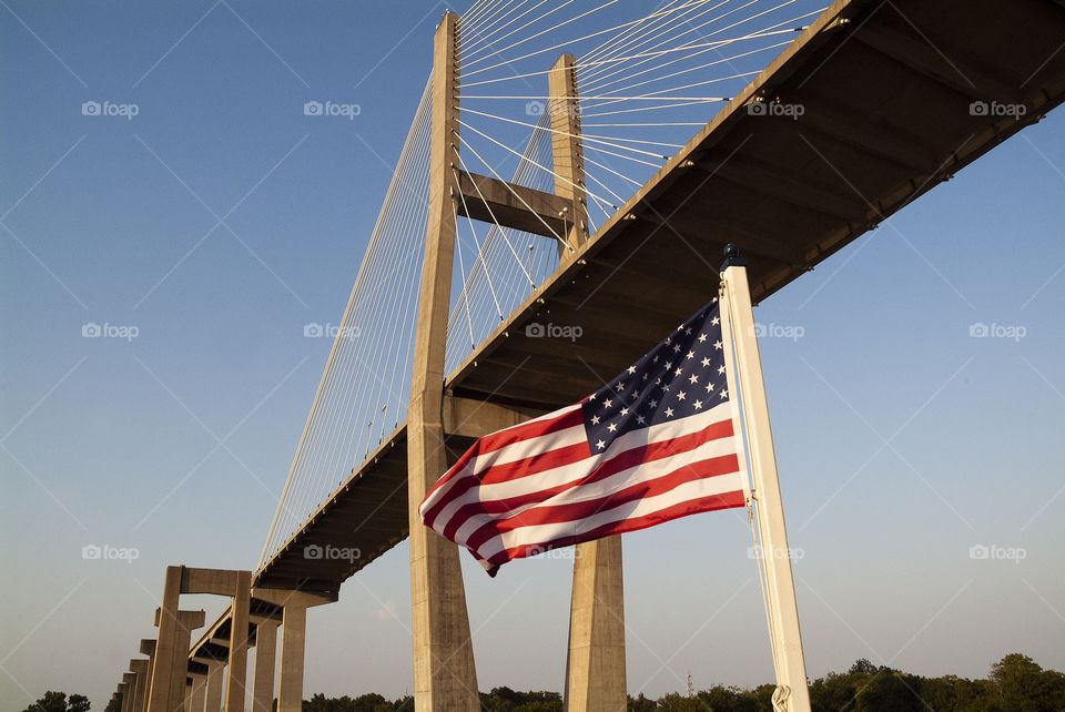 A flag attached to the back of a cruise boat blows in the wind as it passes under a bridge that crosses over the Savannah river of Georgia.