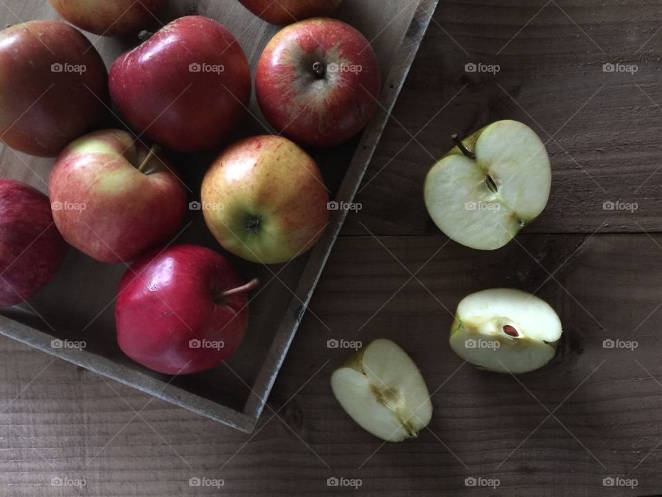 High angle view of apples in tray