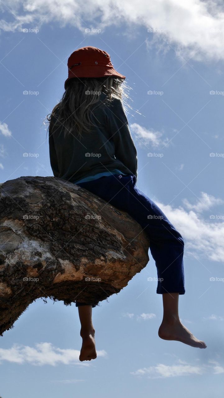 Kid sit on top of an old tree branch 