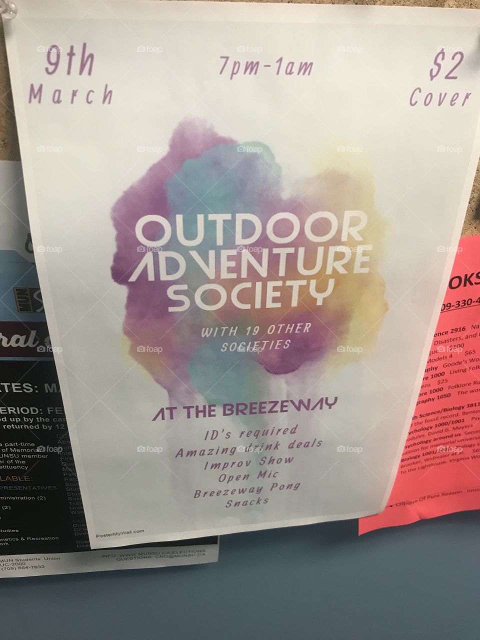 A poster advertising an event for the MUN outdoor adventure society based out of the St. John’s, NL (Newfoundland), Atlantic canadian campus. It says 19 other societies are a part of it. Great example of modern student club/society advertising 