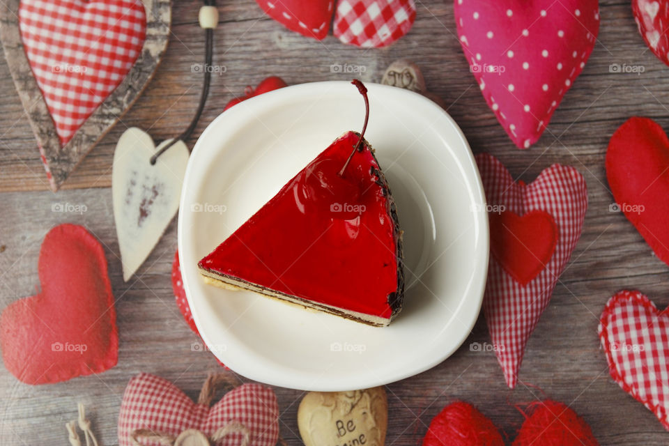 Pie, red cake in white plate, hearts