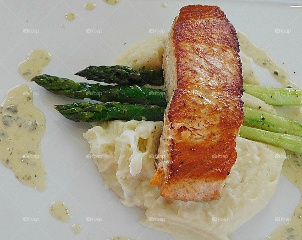 Broiled Salmon, asparagus and mashed potatoes - Food nourishes us, delights us, and generally fuels our daily lives