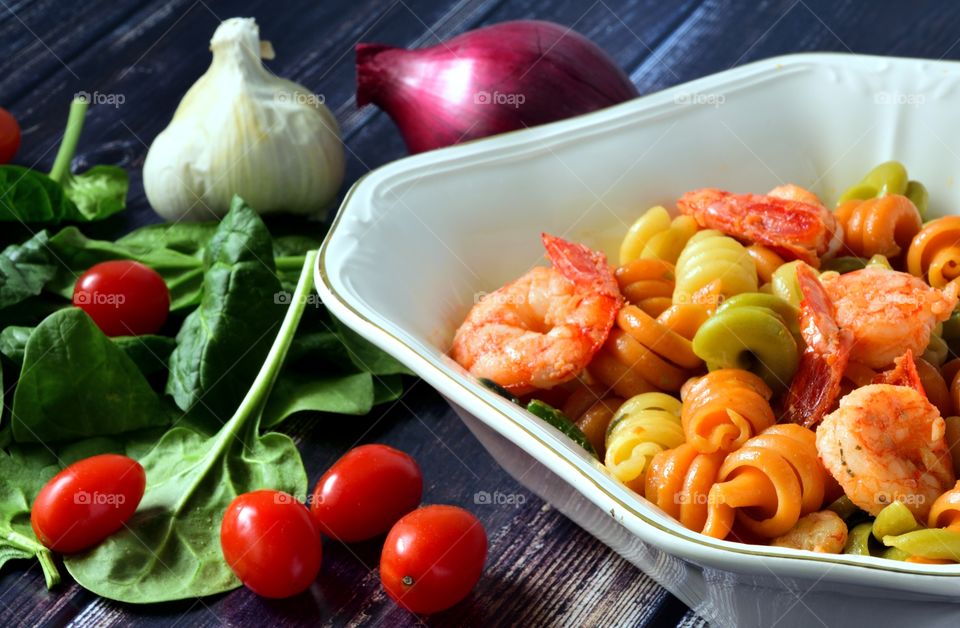 Pasta dish of prawns and vegetables