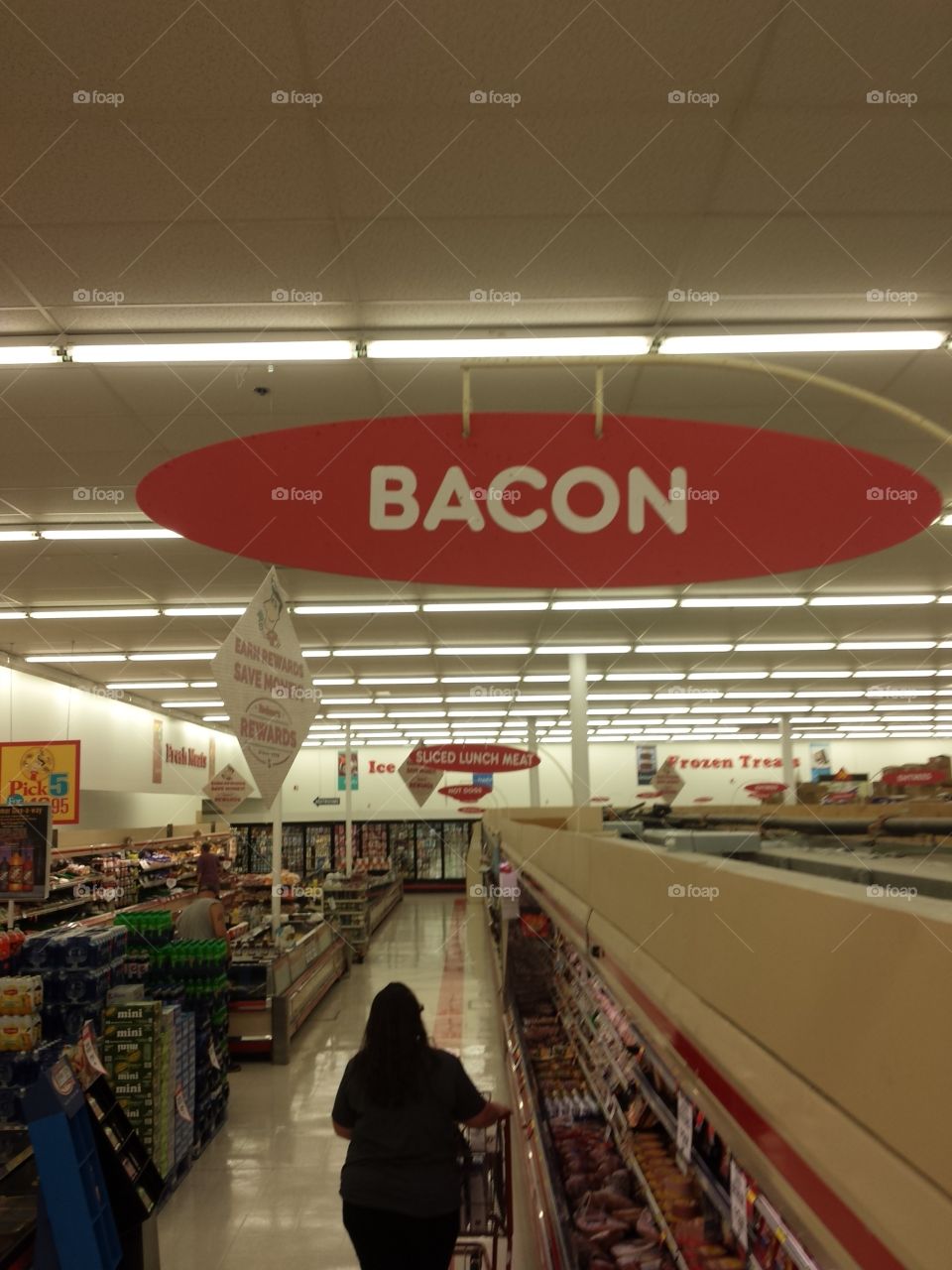 Bacon signage displayed prominently above bacon and bacon like products; not really much more to say about it really.