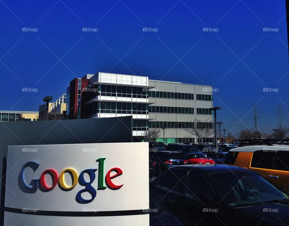 An outdoor profile of Google Headquarters buildings and campus in