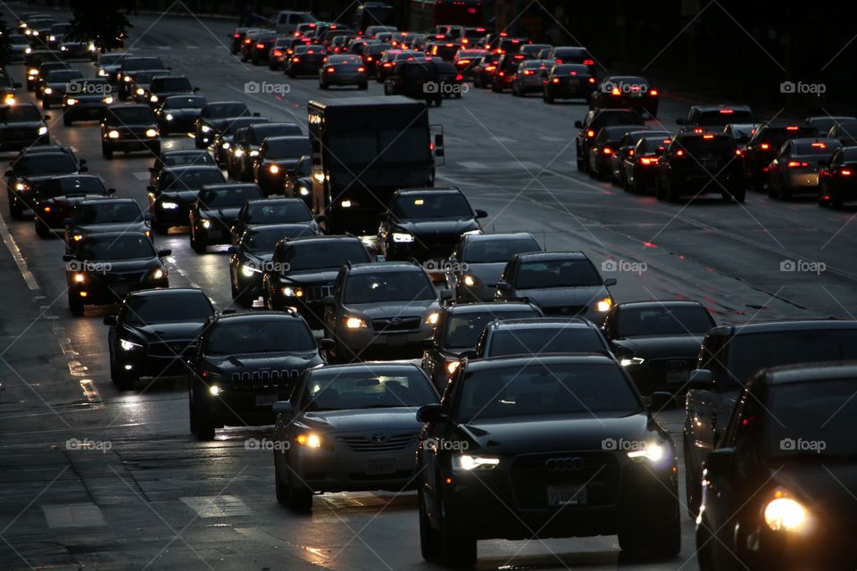 Traffic in Rainy evening at Westwood, Los Angeles.