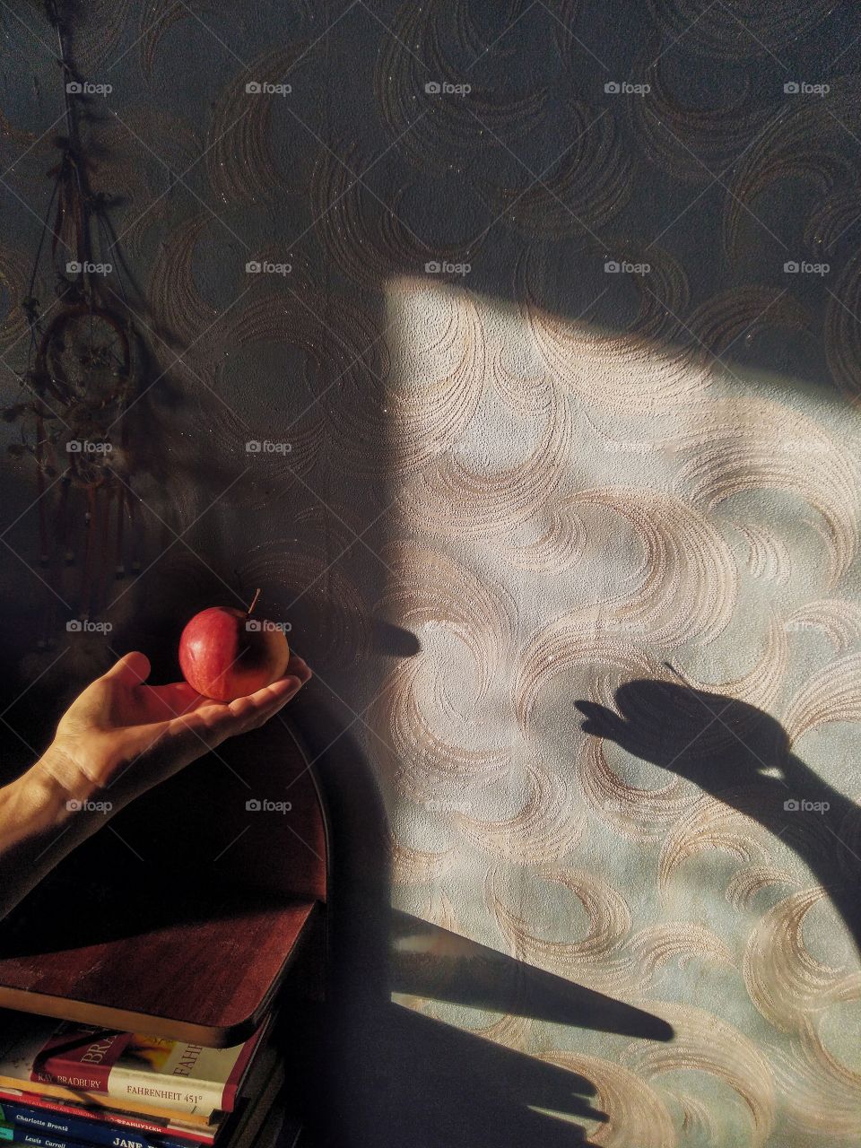 Apple. shadow. books. art.