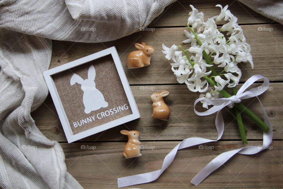 Easter bunny crossing decor flat lay