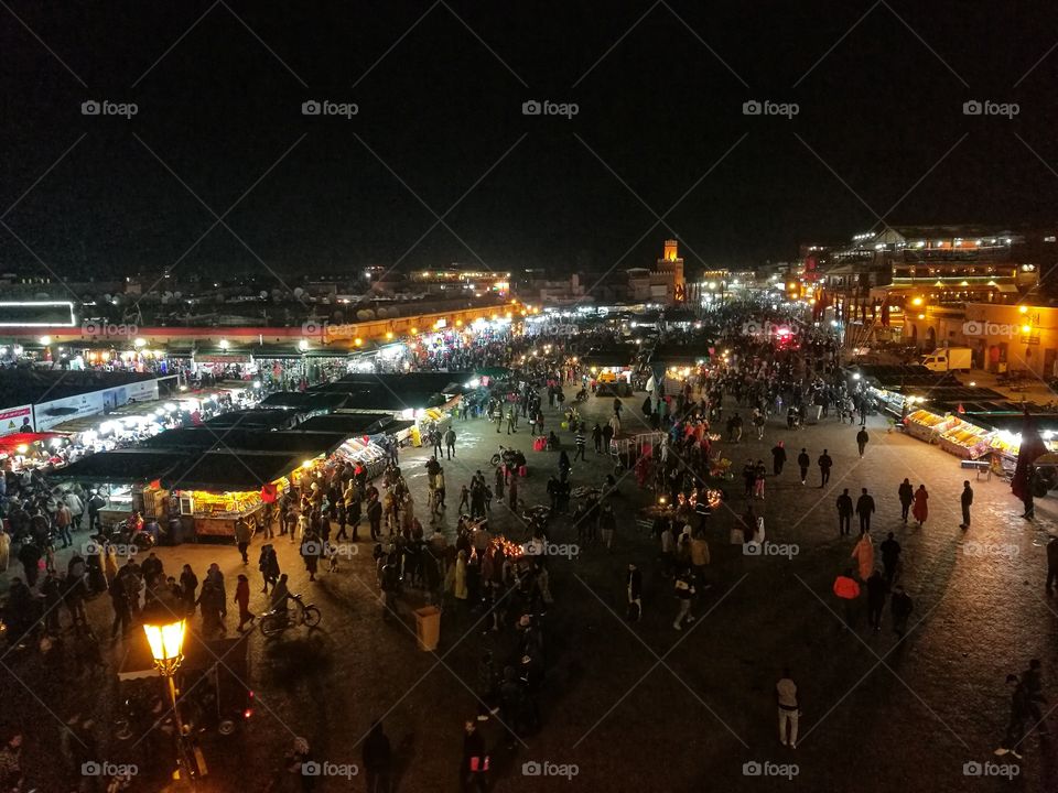 Lights in the Moroccan nights in Jamaa el Fna square