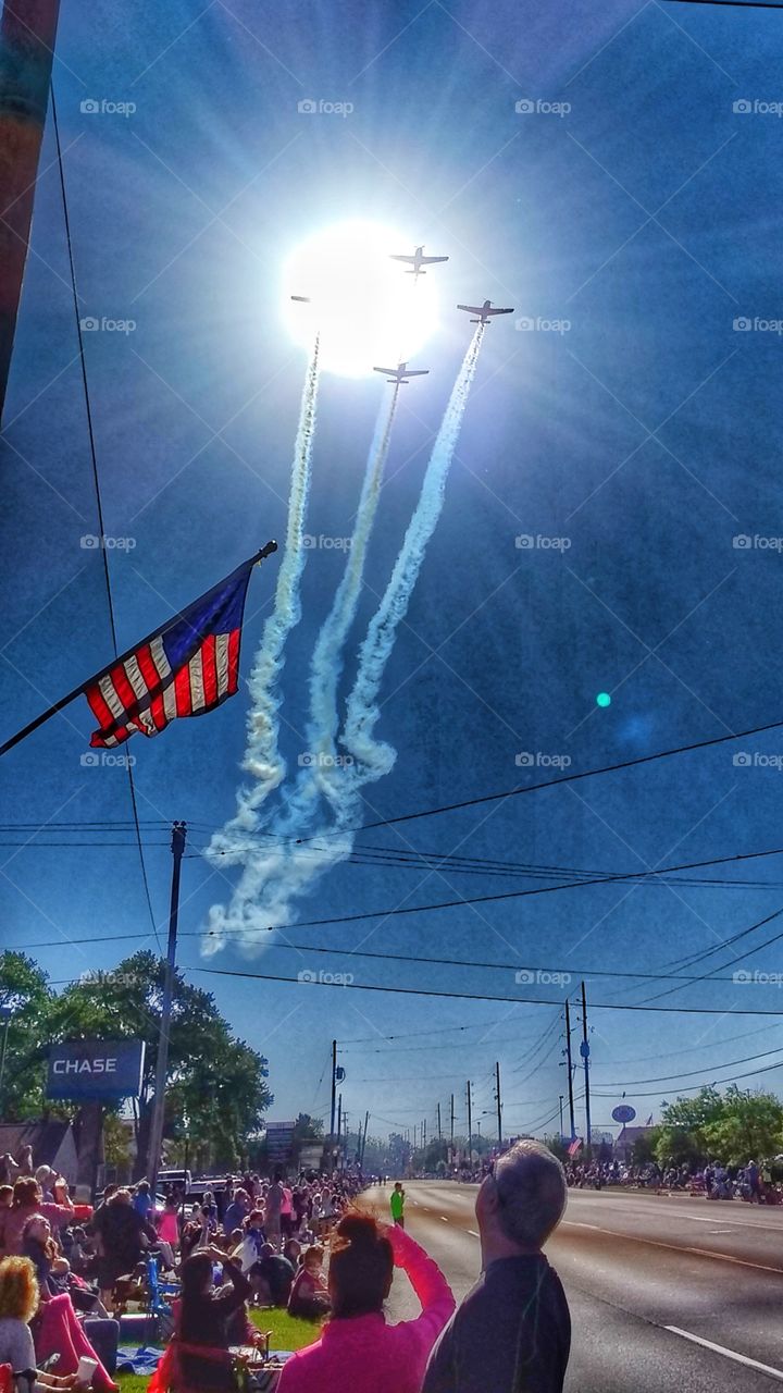 Memorial day flag and military sky writing