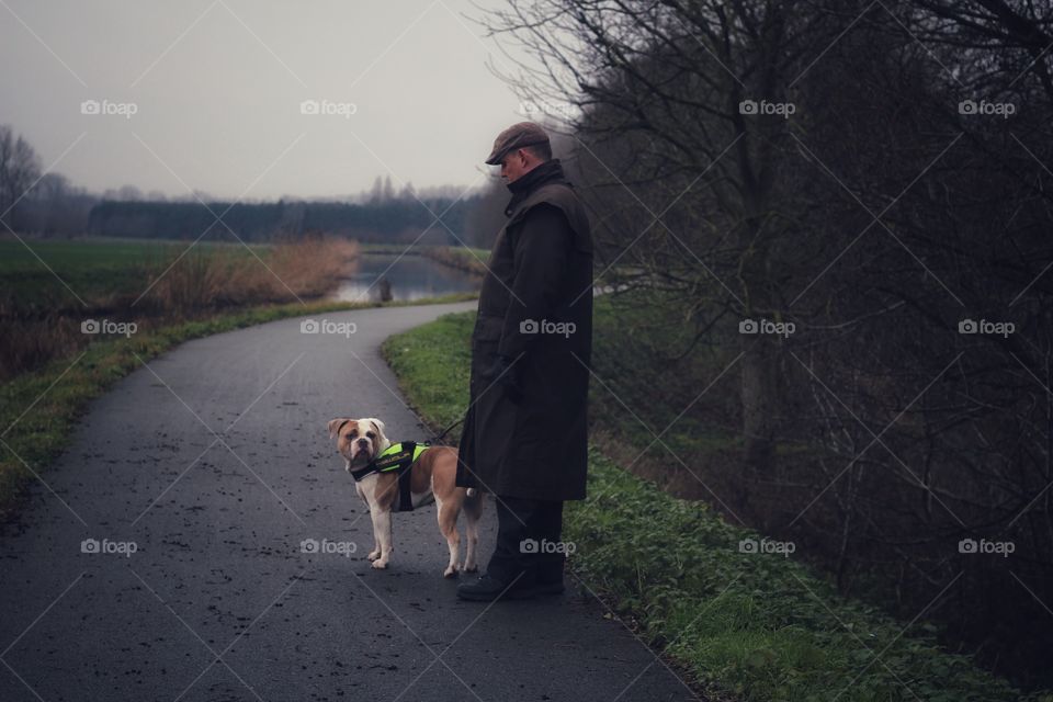 Man dog stand landscape background waiting road way street quiet cloudy cold winter bulldog bullies water canal river outdoor grey sky creation fog two people adult fog 