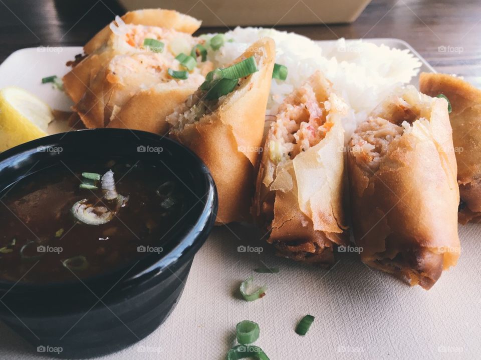 Close-up of spring rolls
