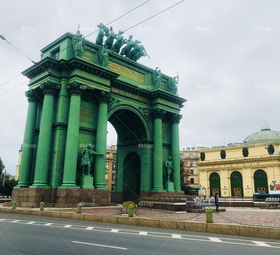 The Narva Triumphal Gates - a monument of Empire style architecture in St. Petersburg; is located on the Stacek square near Narvskaya metro station. The Triumphal Gates were built in 1827-1834 in memory of the heroes of the Patriotic War of 1812 .
