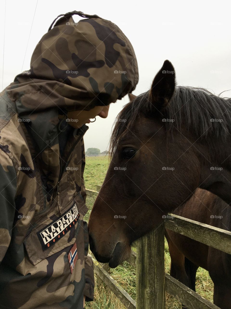 Tender moment of boy and horse on a damp miserable foggy day