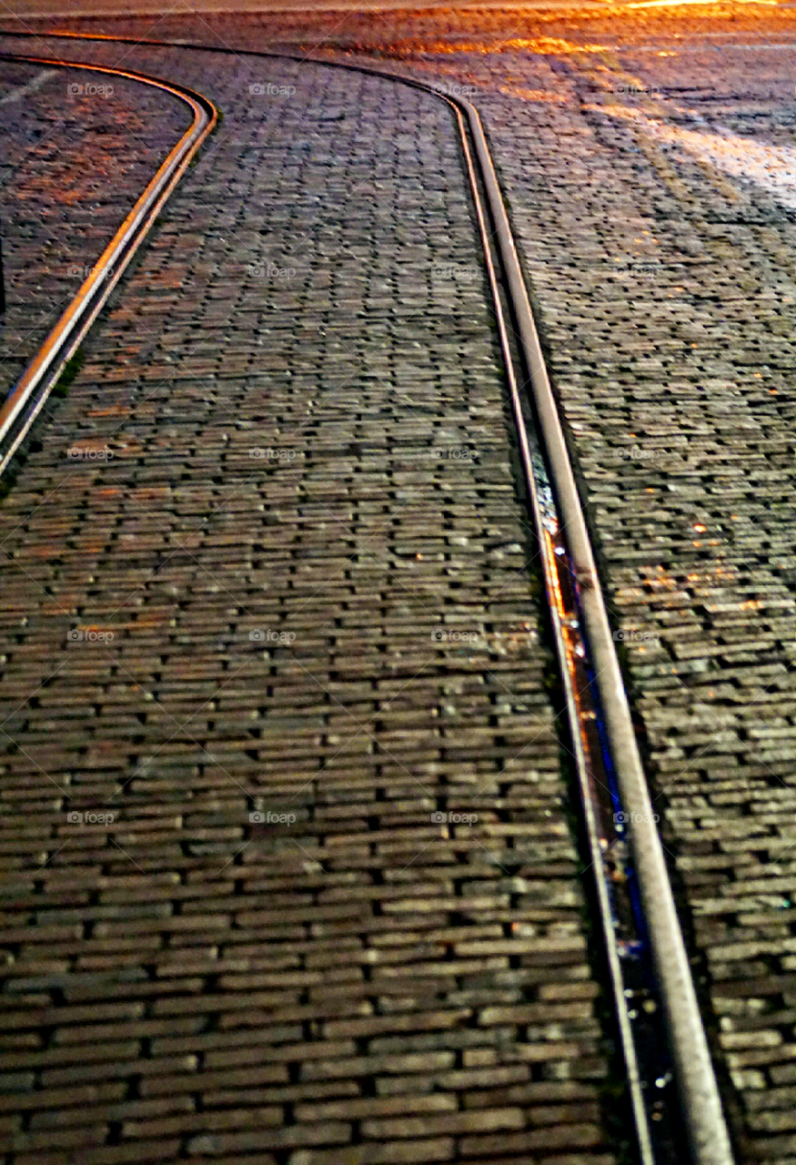 Brick road and railroad tracks, Galveston, Texas