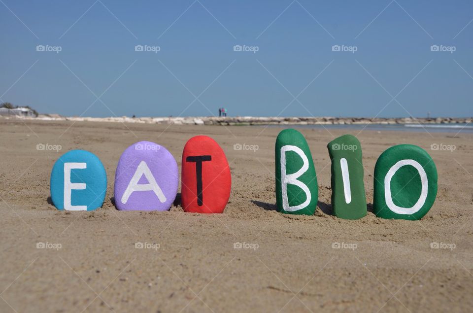 Eat bio concept on colourful stones