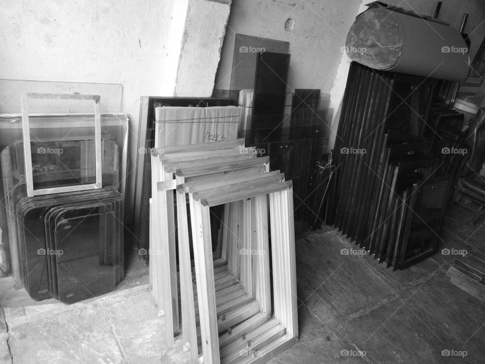 bus window Indian workshop black and white picture