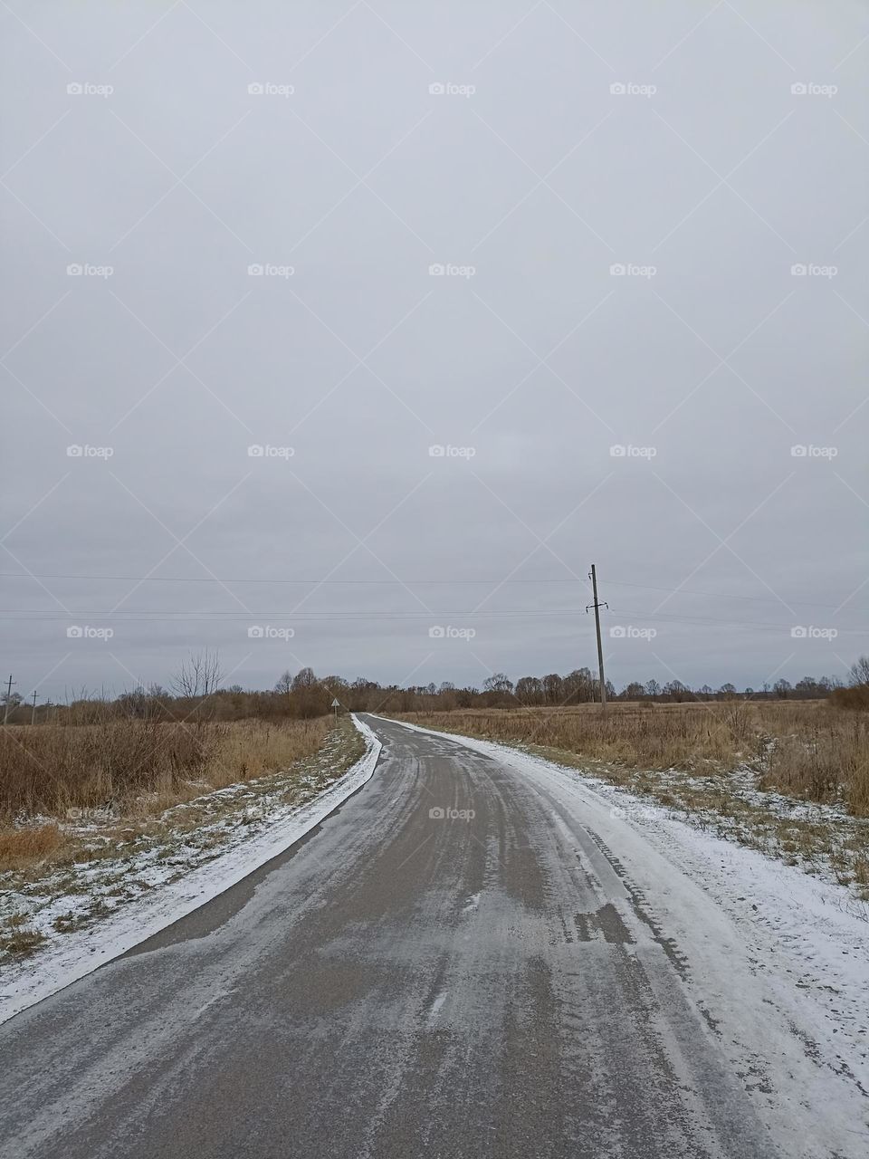 The road is covered with snow