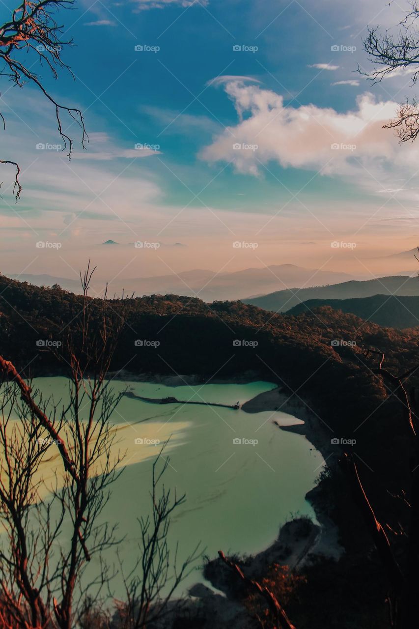 view of the crater in the mountains at sunrise