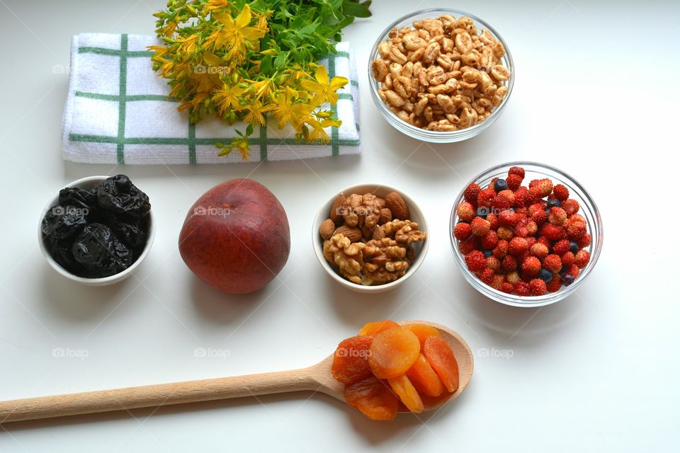 tasty healthy summer food top view white background