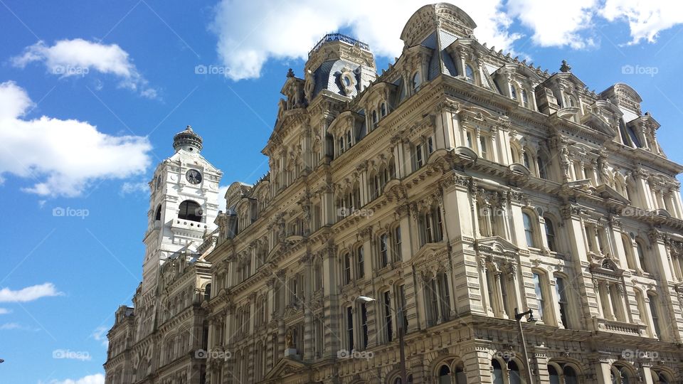 blue sky. building into blue