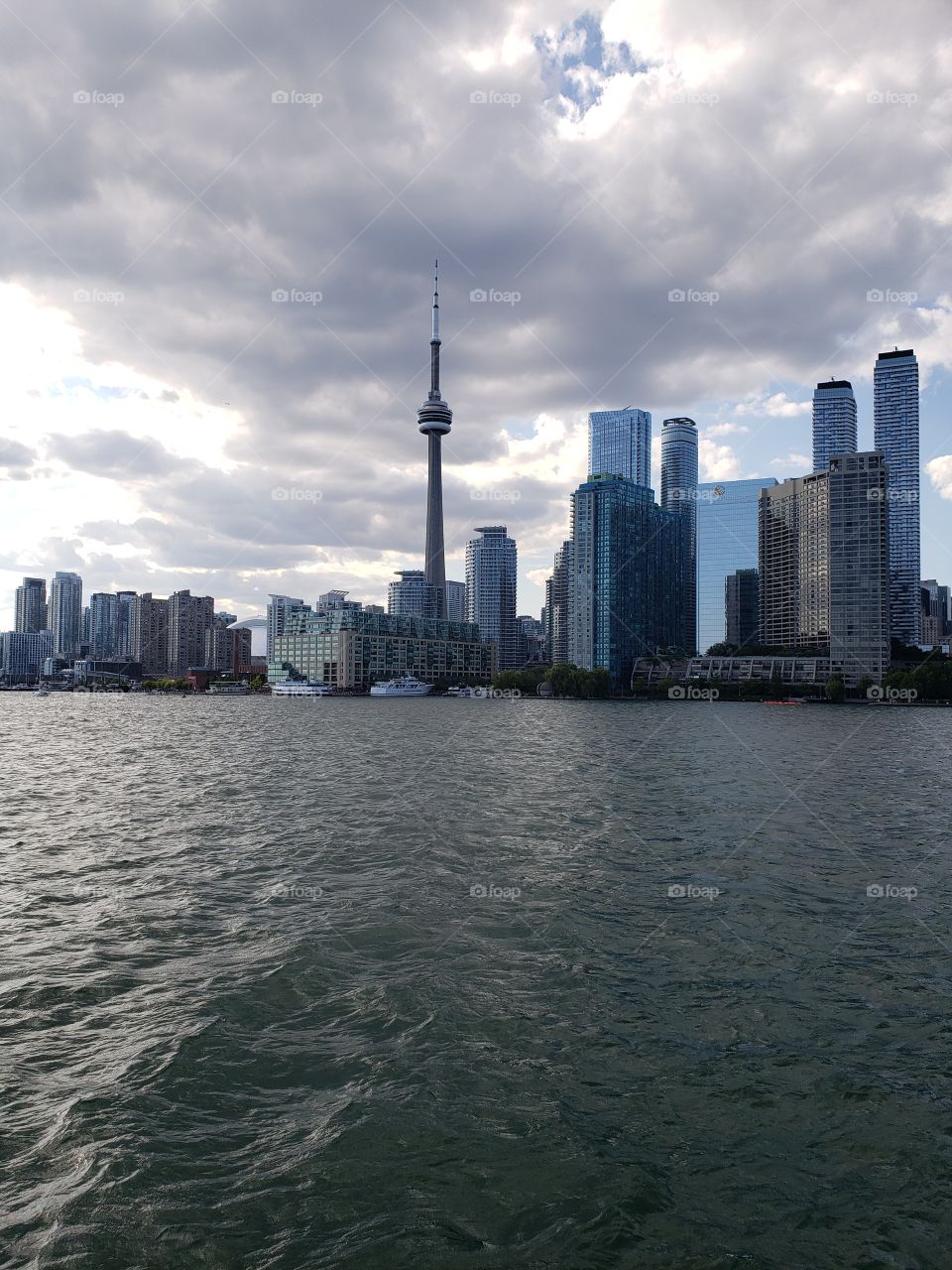 Early evening shot of the Toronto skyline, looking back from the ferry ride over to the Toronto Islands.