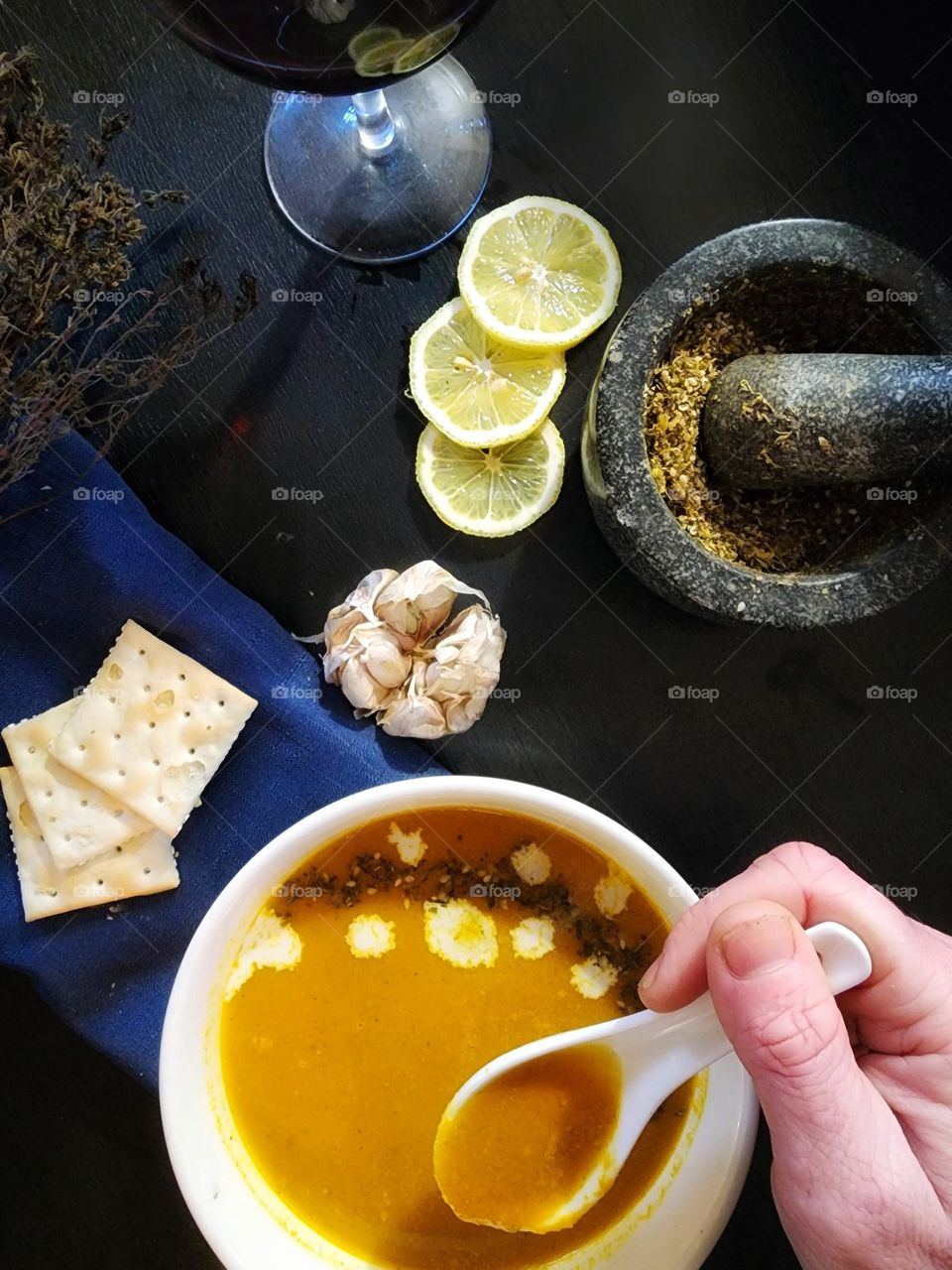 Enjoying a bowl of homemade carrot soup.