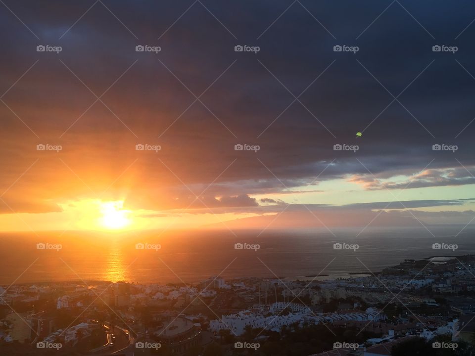 Sunset over Costa Adeje, Tenerife with lagomera in the background 