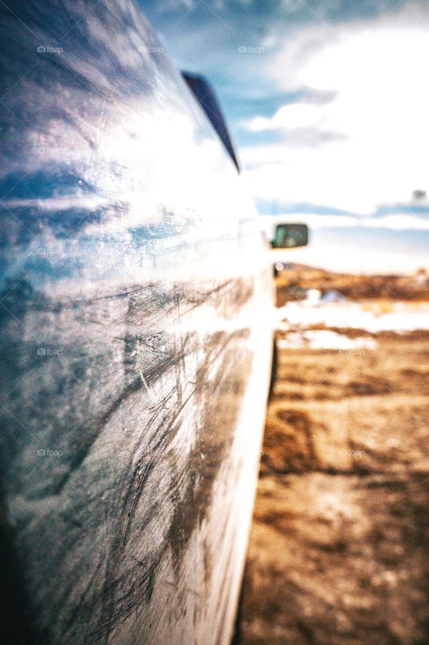 Frosty macro shot from the side of a truck.