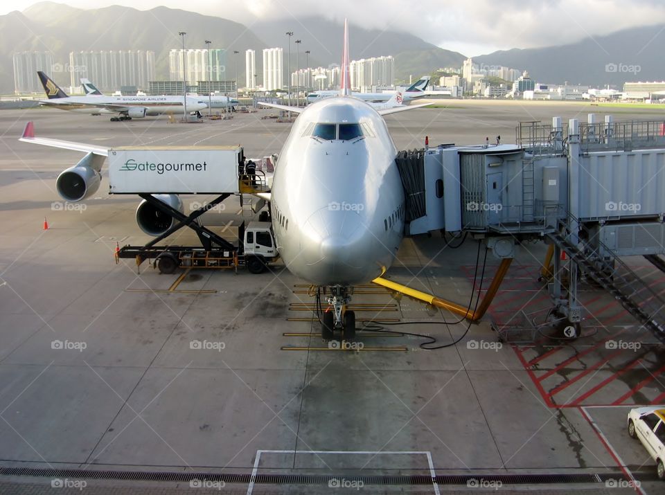 Boarding. Plane at Hong Kong International Airport 