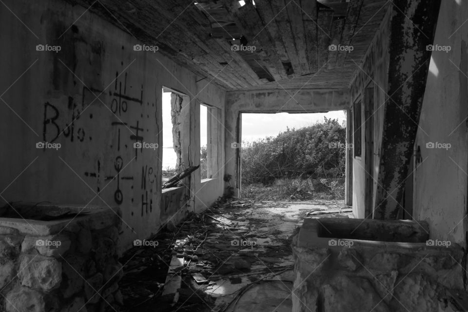 view from inside a decaying building