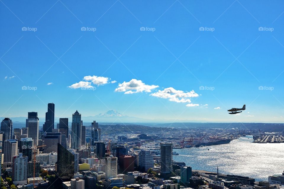 Seattle skyline with float plane