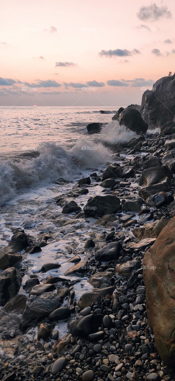 Black Sea coast during storm and sunset