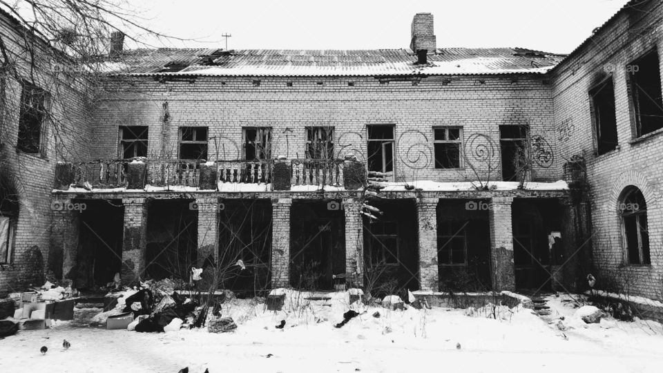 facade of an old abandoned building in Kiev