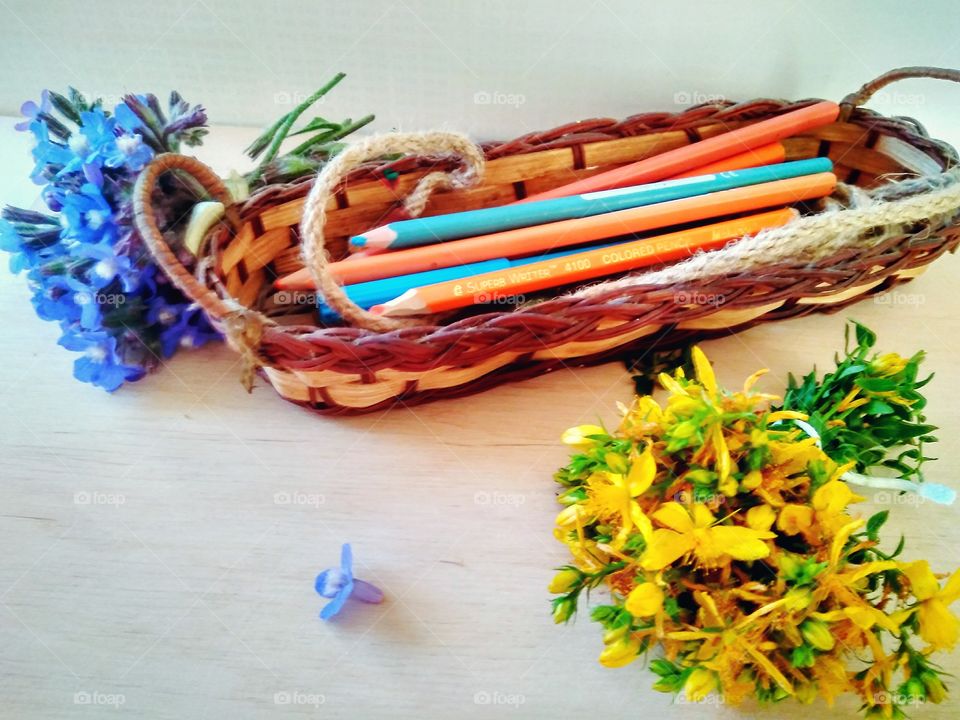 blue x orange by foaр missions,blue and orange flowers in a basket blue and orange pencils