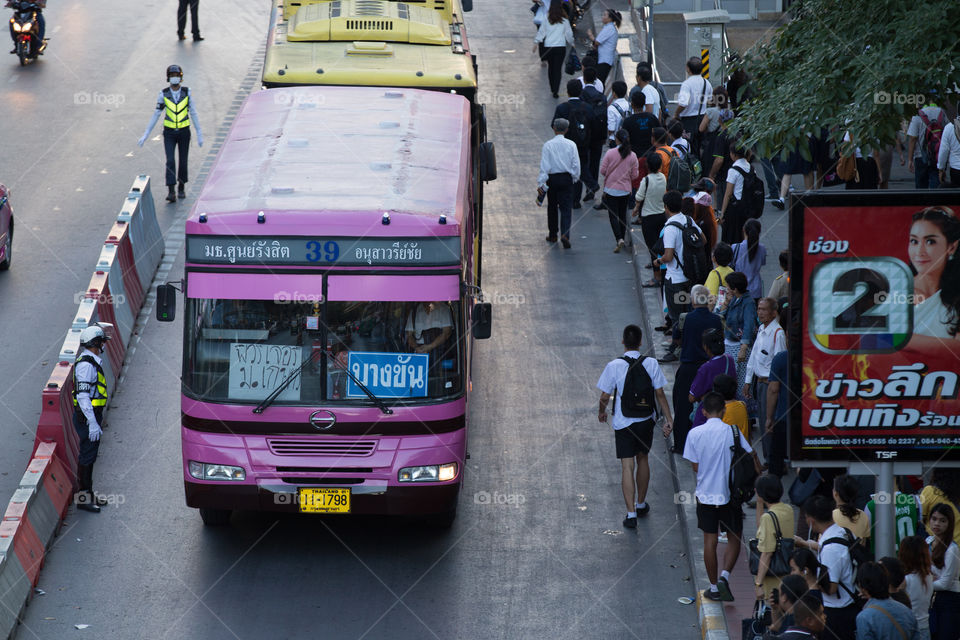 Bus in the bus station in rush hour in Bangkok Thailand 