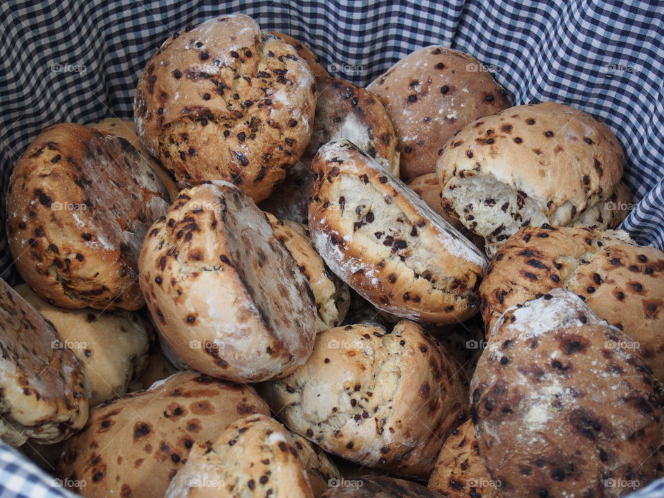 High angle view of baked bread